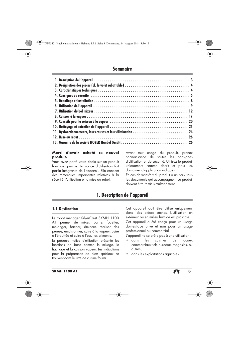 Sommaire, Description de l’appareil | Silvercrest SKMH 1100 A1 User Manual | Page 5 / 106