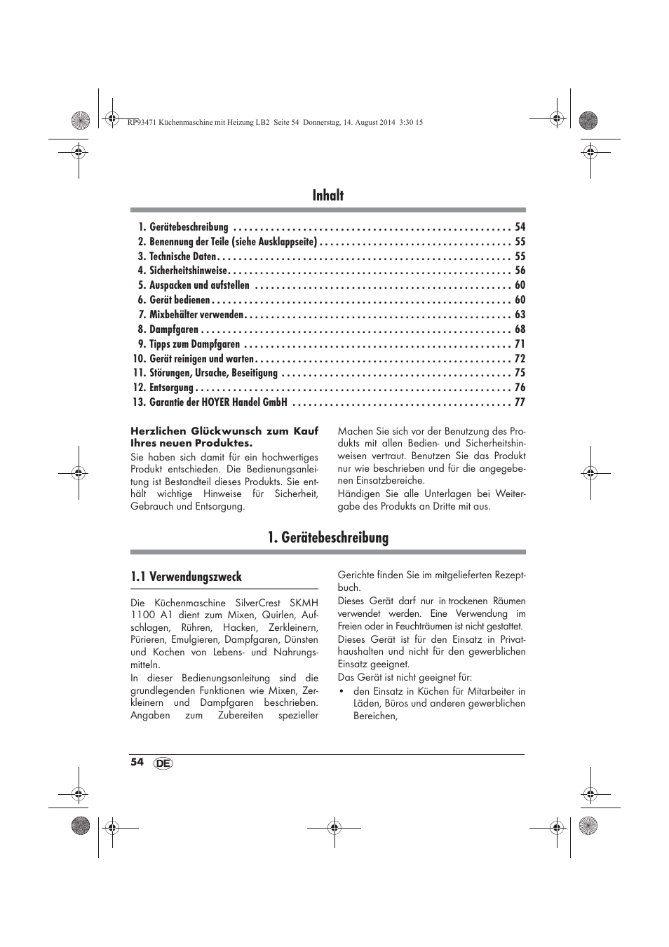 Inhalt, Gerätebeschreibung | Silvercrest SKMH 1100 A1 User Manual | Page 56 / 106