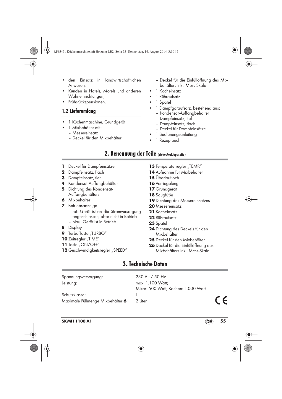 Benennung der teile, Technische daten, 2 lieferumfang | Silvercrest SKMH 1100 A1 User Manual | Page 57 / 106