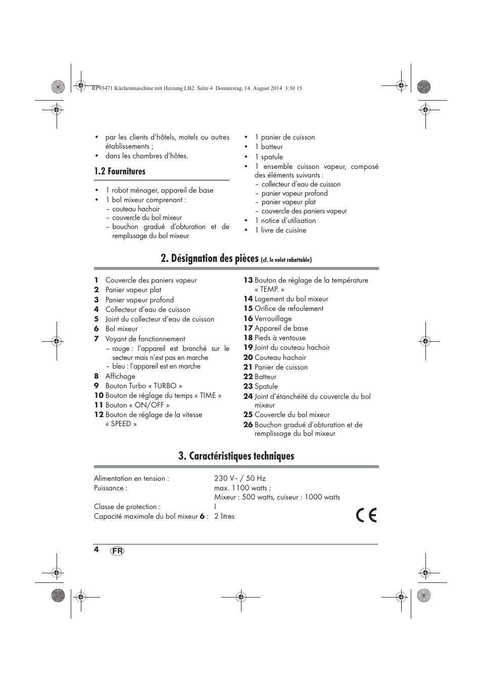 Désignation des pièces, Caractéristiques techniques, 2 fournitures | Silvercrest SKMH 1100 A1 User Manual | Page 6 / 106