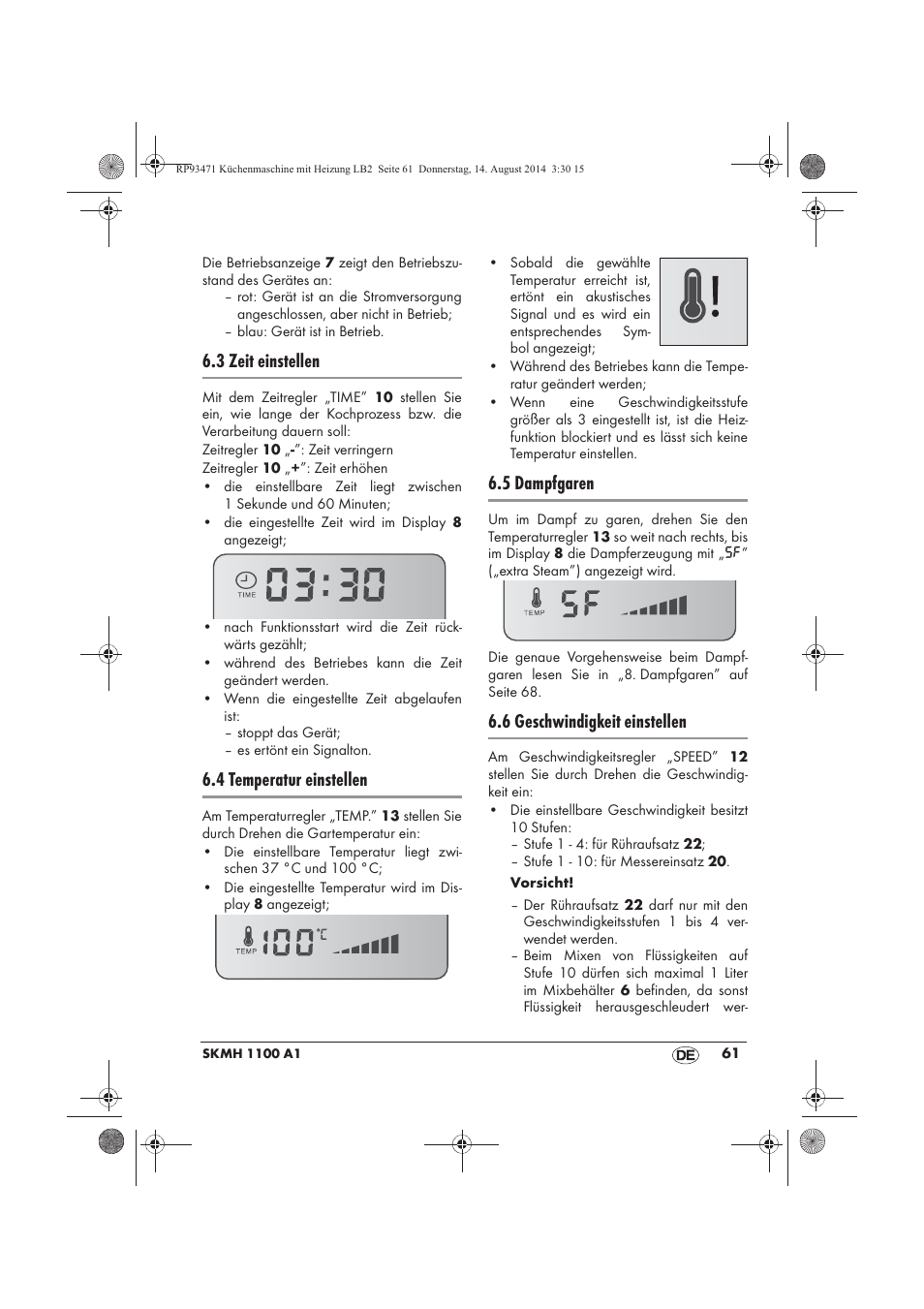 3 zeit einstellen, 4 temperatur einstellen, 5 dampfgaren | 6 geschwindigkeit einstellen | Silvercrest SKMH 1100 A1 User Manual | Page 63 / 106