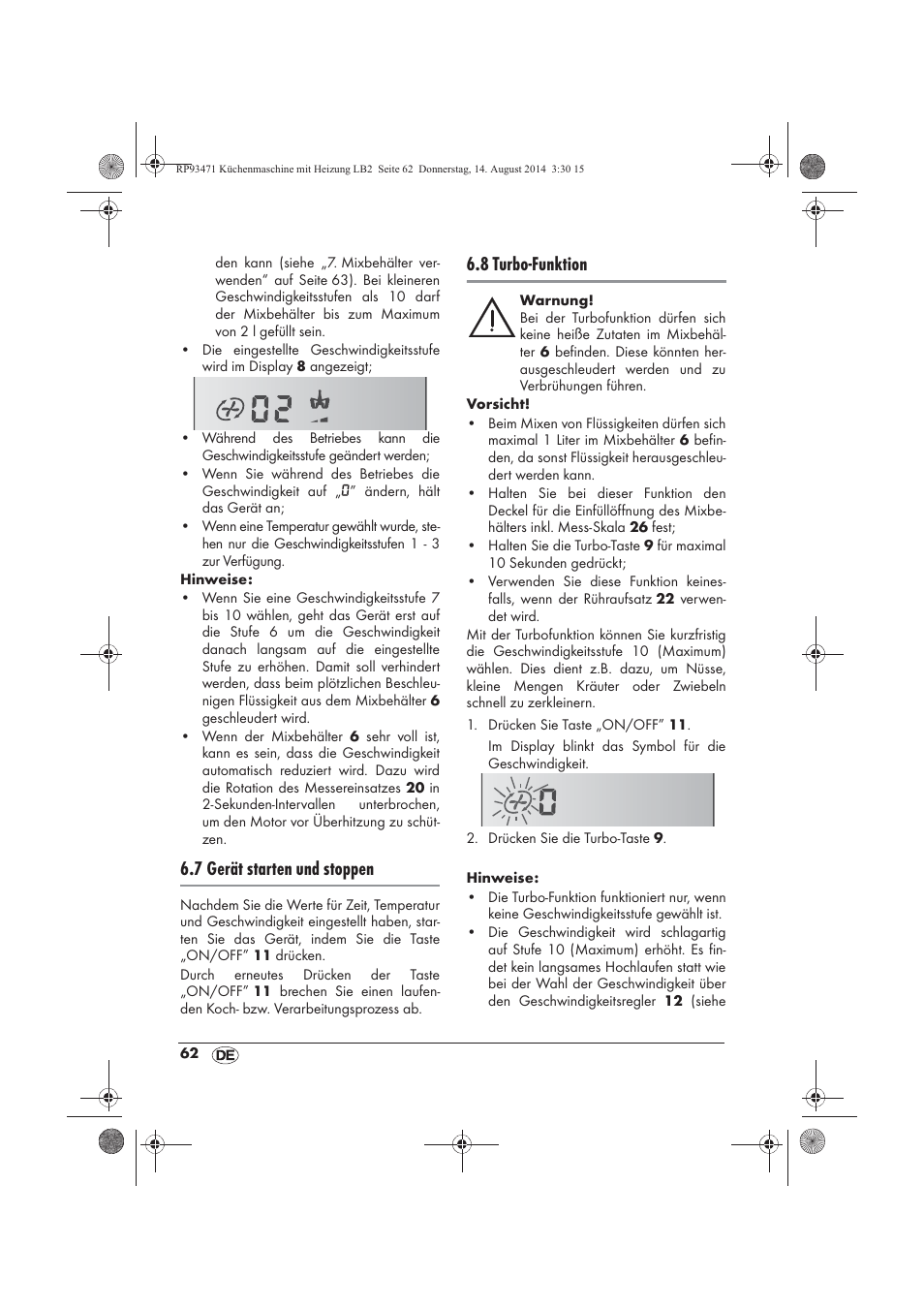 7 gerät starten und stoppen, 8 turbo-funktion | Silvercrest SKMH 1100 A1 User Manual | Page 64 / 106