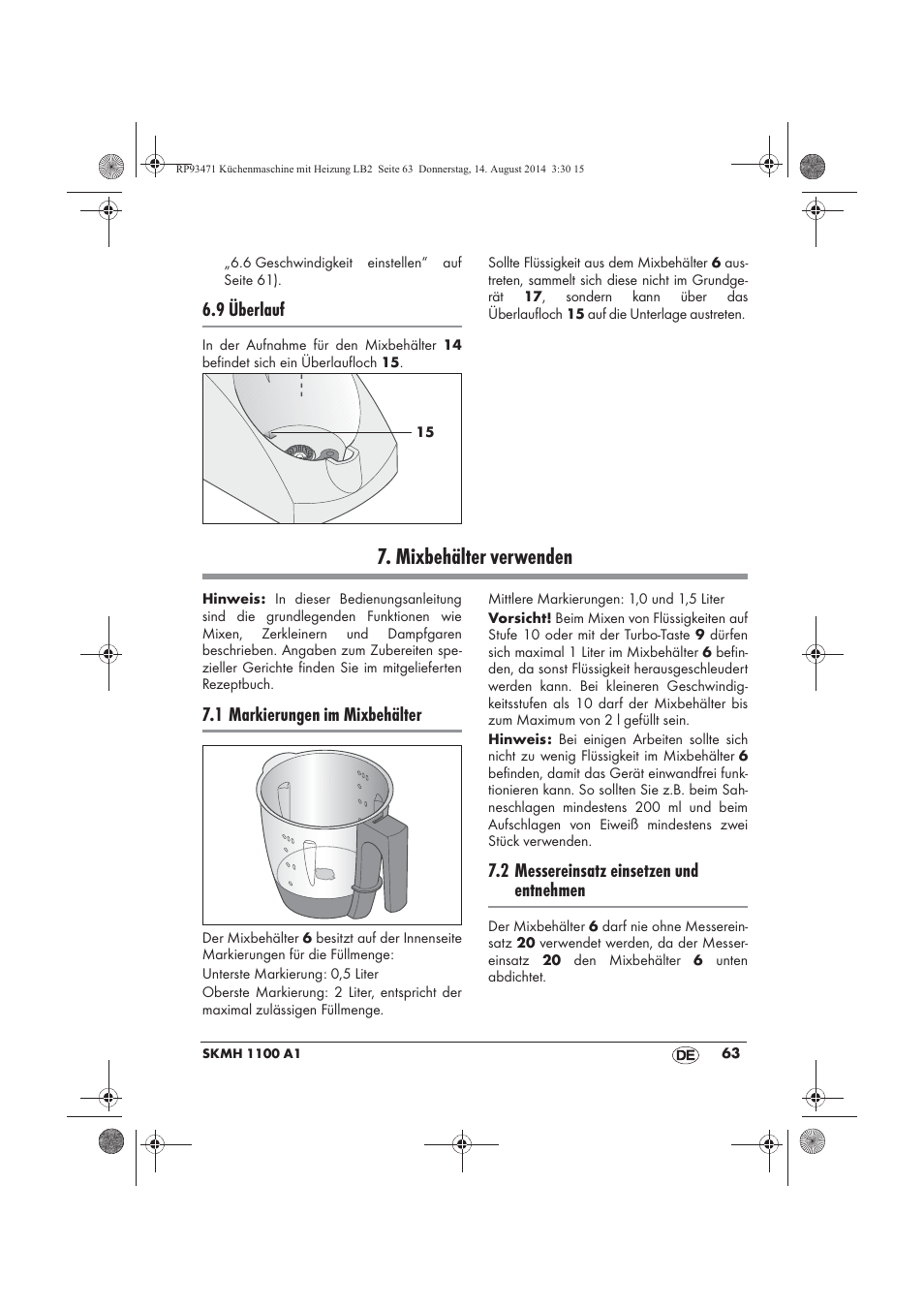 Mixbehälter verwenden, 9 überlauf, 1 markierungen im mixbehälter | 2 messereinsatz einsetzen und entnehmen | Silvercrest SKMH 1100 A1 User Manual | Page 65 / 106