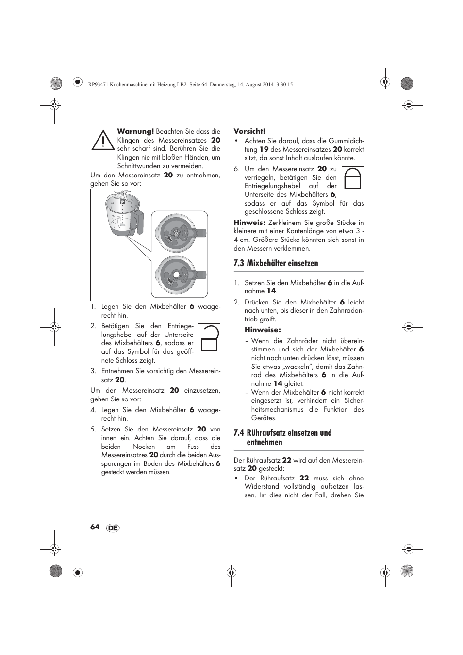 3 mixbehälter einsetzen, 4 rühraufsatz einsetzen und entnehmen | Silvercrest SKMH 1100 A1 User Manual | Page 66 / 106