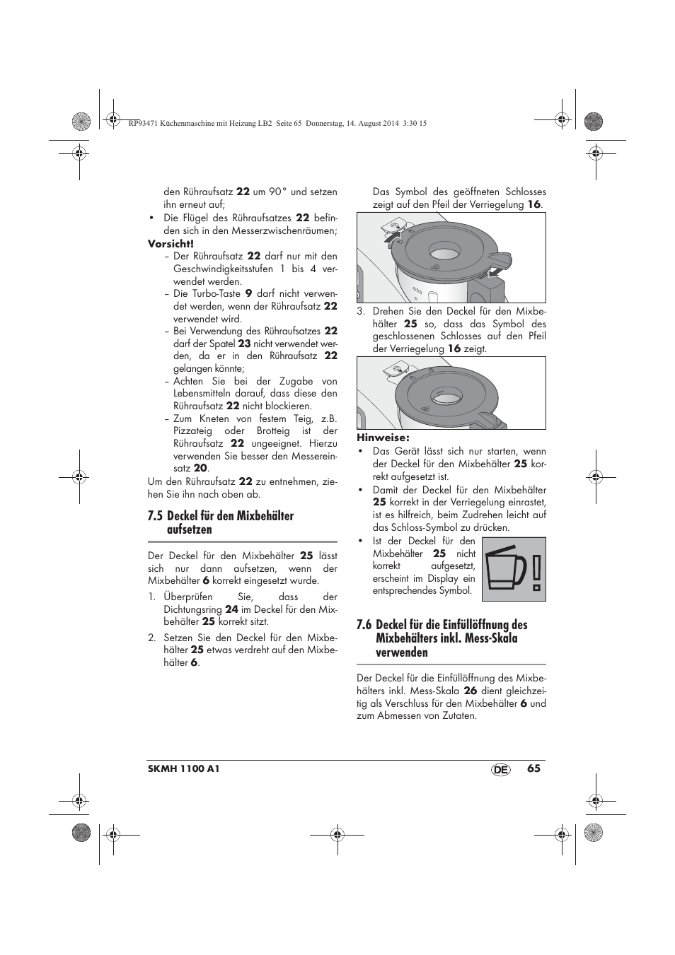 5 deckel für den mixbehälter aufsetzen | Silvercrest SKMH 1100 A1 User Manual | Page 67 / 106