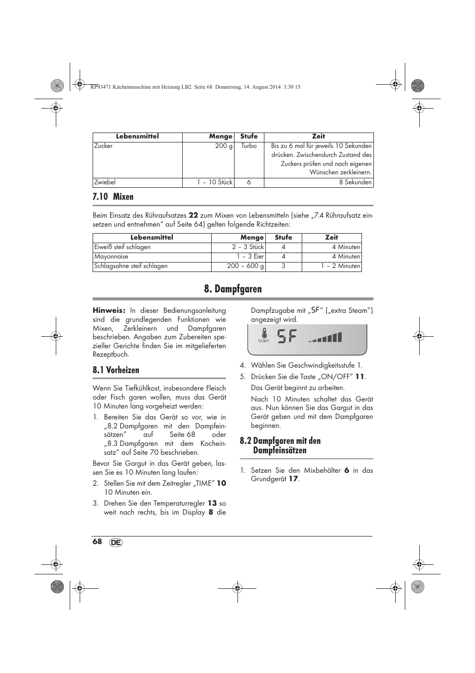 Dampfgaren, 10 mixen, 1 vorheizen | 2 dampfgaren mit den dampfeinsätzen | Silvercrest SKMH 1100 A1 User Manual | Page 70 / 106