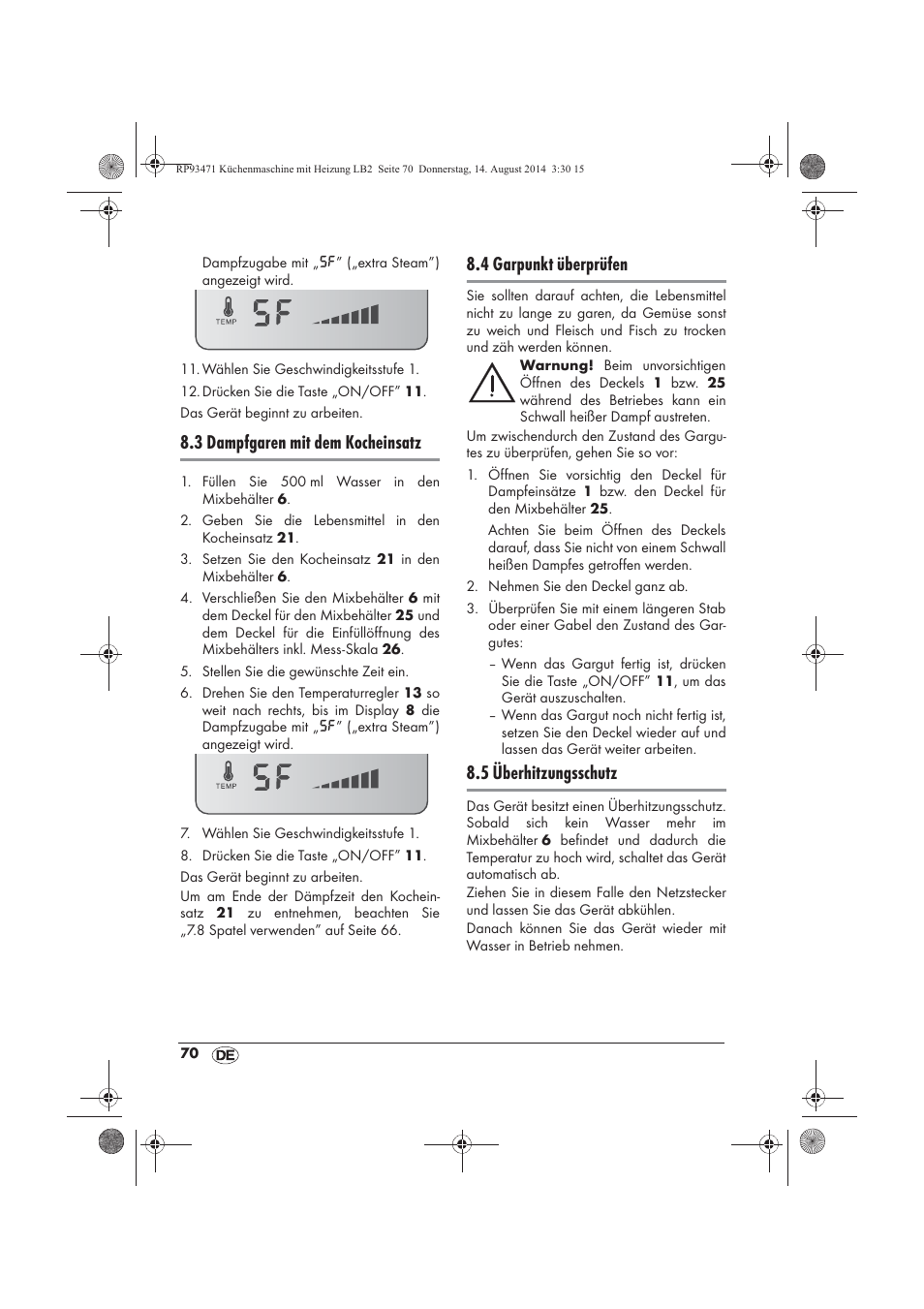 3 dampfgaren mit dem kocheinsatz, 4 garpunkt überprüfen, 5 überhitzungsschutz | Silvercrest SKMH 1100 A1 User Manual | Page 72 / 106