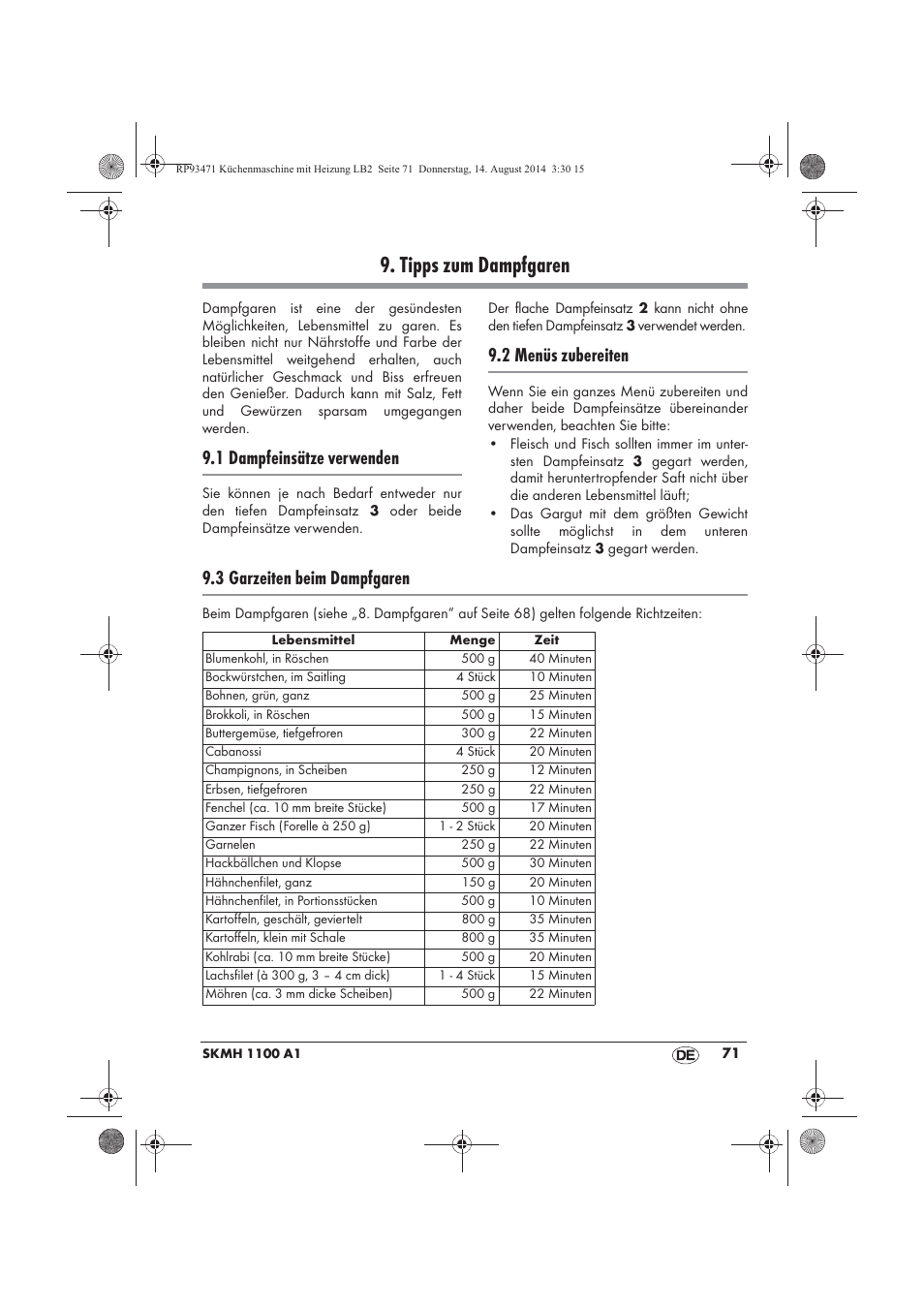Tipps zum dampfgaren, 1 dampfeinsätze verwenden, 2 menüs zubereiten | 3 garzeiten beim dampfgaren | Silvercrest SKMH 1100 A1 User Manual | Page 73 / 106