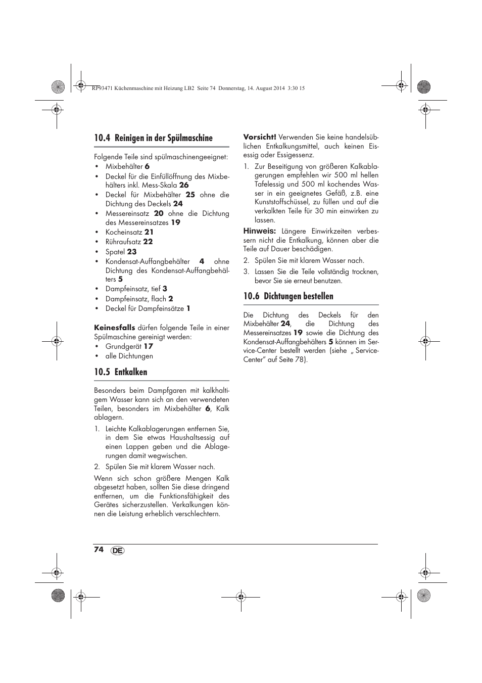 4 reinigen in der spülmaschine, 5 entkalken, 6 dichtungen bestellen | Silvercrest SKMH 1100 A1 User Manual | Page 76 / 106