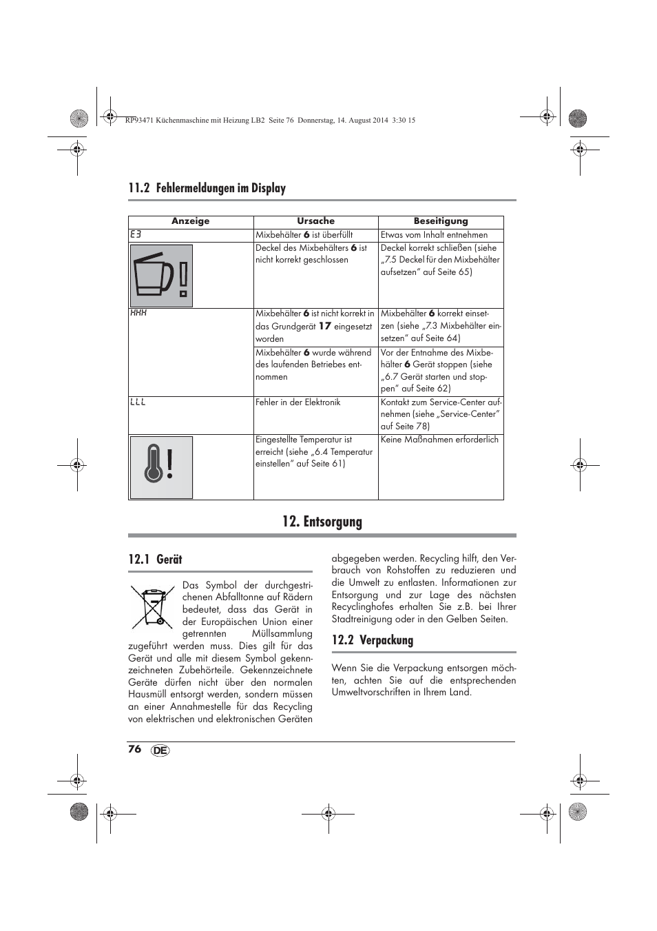 Entsorgung, 2 fehlermeldungen im display, 1 gerät | 2 verpackung | Silvercrest SKMH 1100 A1 User Manual | Page 78 / 106