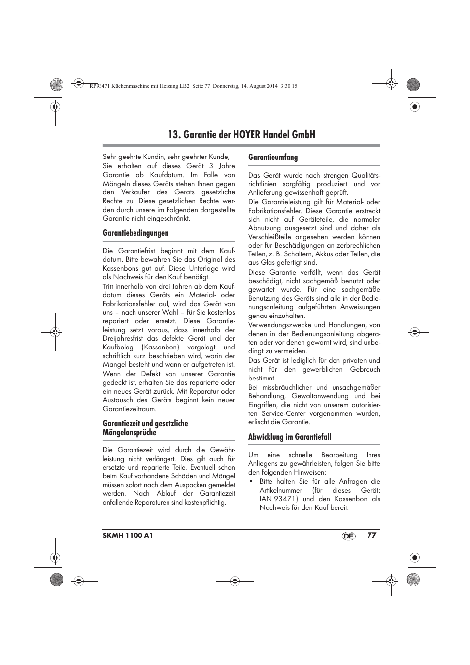 Garantie der hoyer handel gmbh | Silvercrest SKMH 1100 A1 User Manual | Page 79 / 106