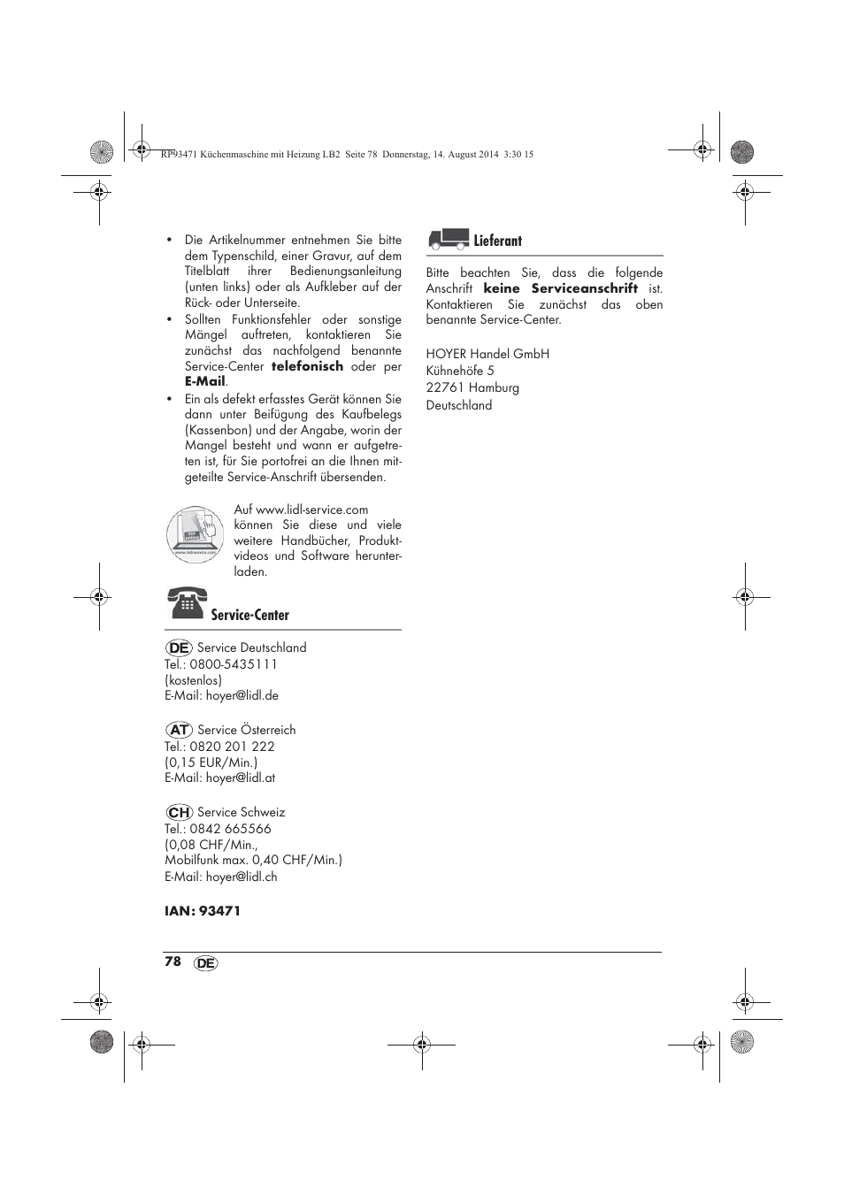 Service-center, Lieferant | Silvercrest SKMH 1100 A1 User Manual | Page 80 / 106