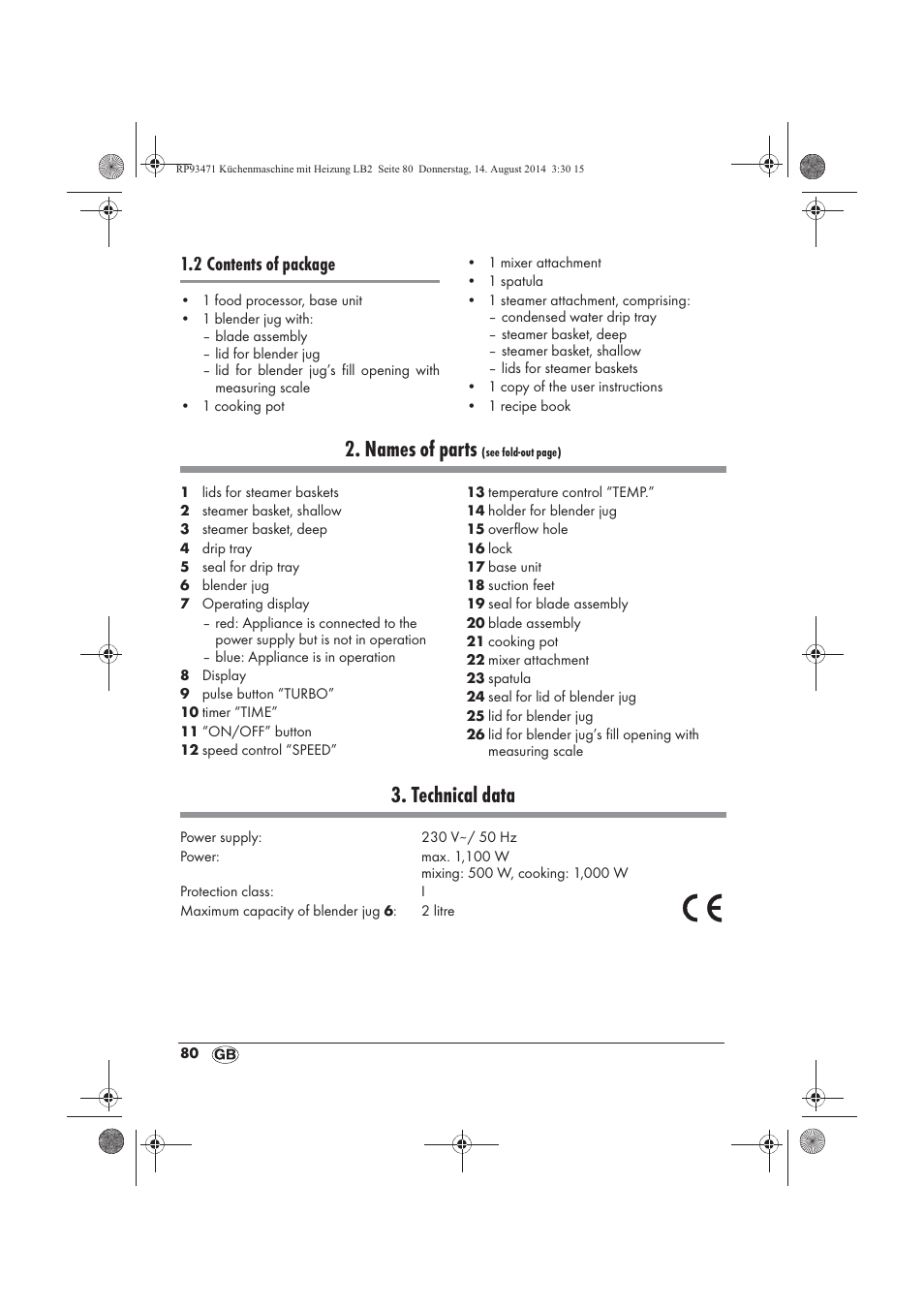 Names of parts, Technical data, 2 contents of package | Silvercrest SKMH 1100 A1 User Manual | Page 82 / 106