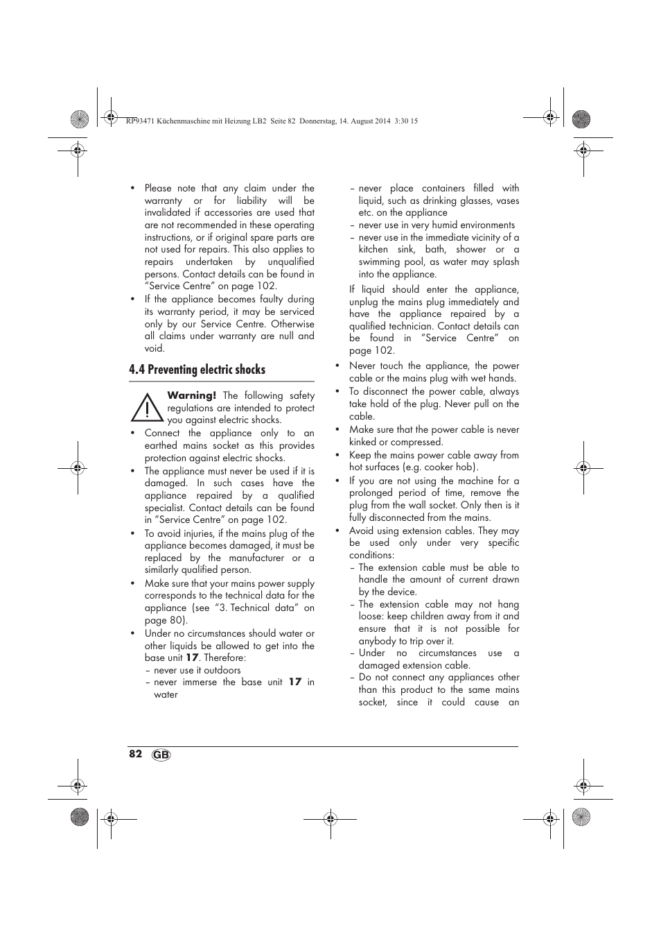 4 preventing electric shocks | Silvercrest SKMH 1100 A1 User Manual | Page 84 / 106