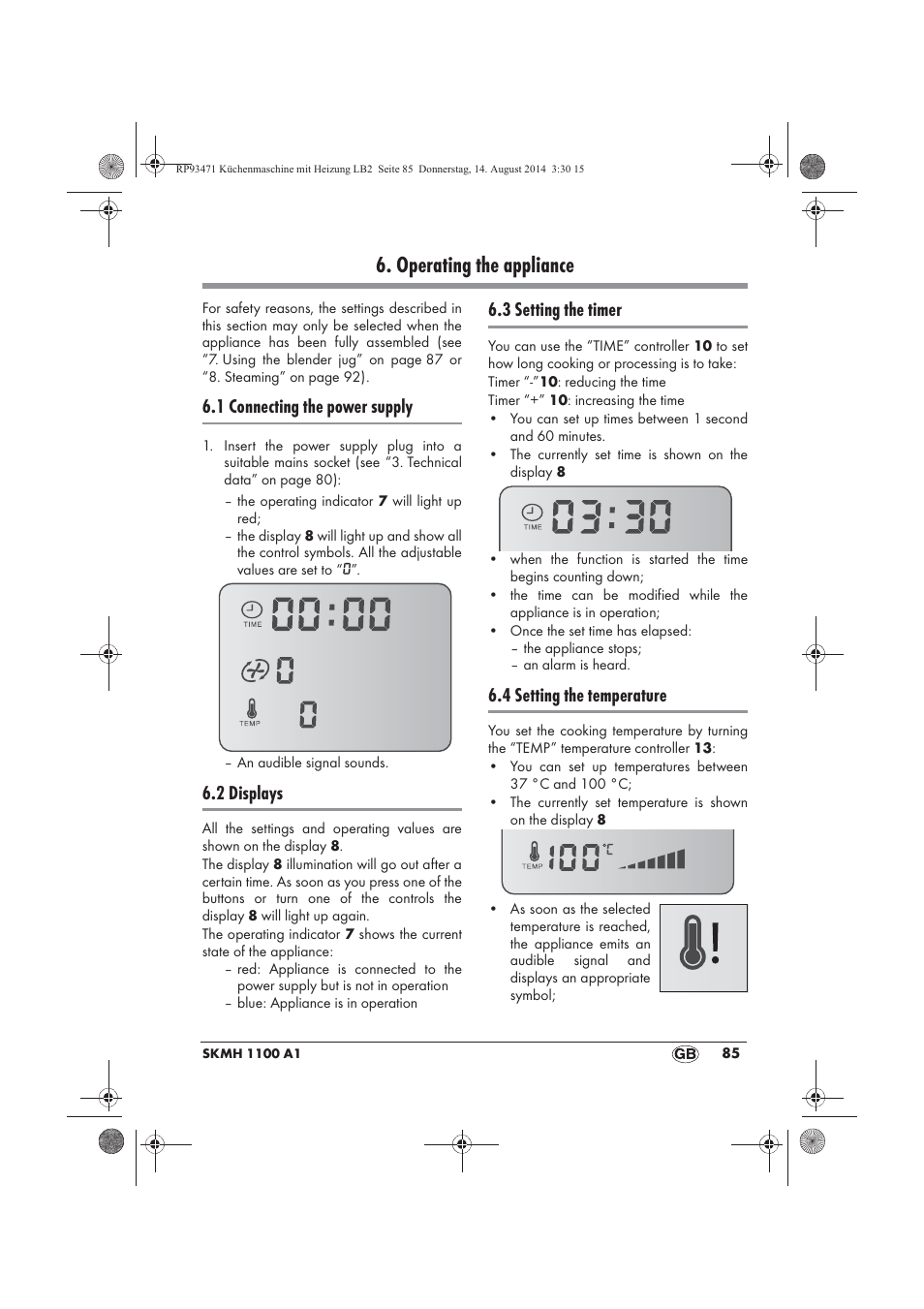 Operating the appliance, 1 connecting the power supply, 2 displays | 3 setting the timer, 4 setting the temperature | Silvercrest SKMH 1100 A1 User Manual | Page 87 / 106