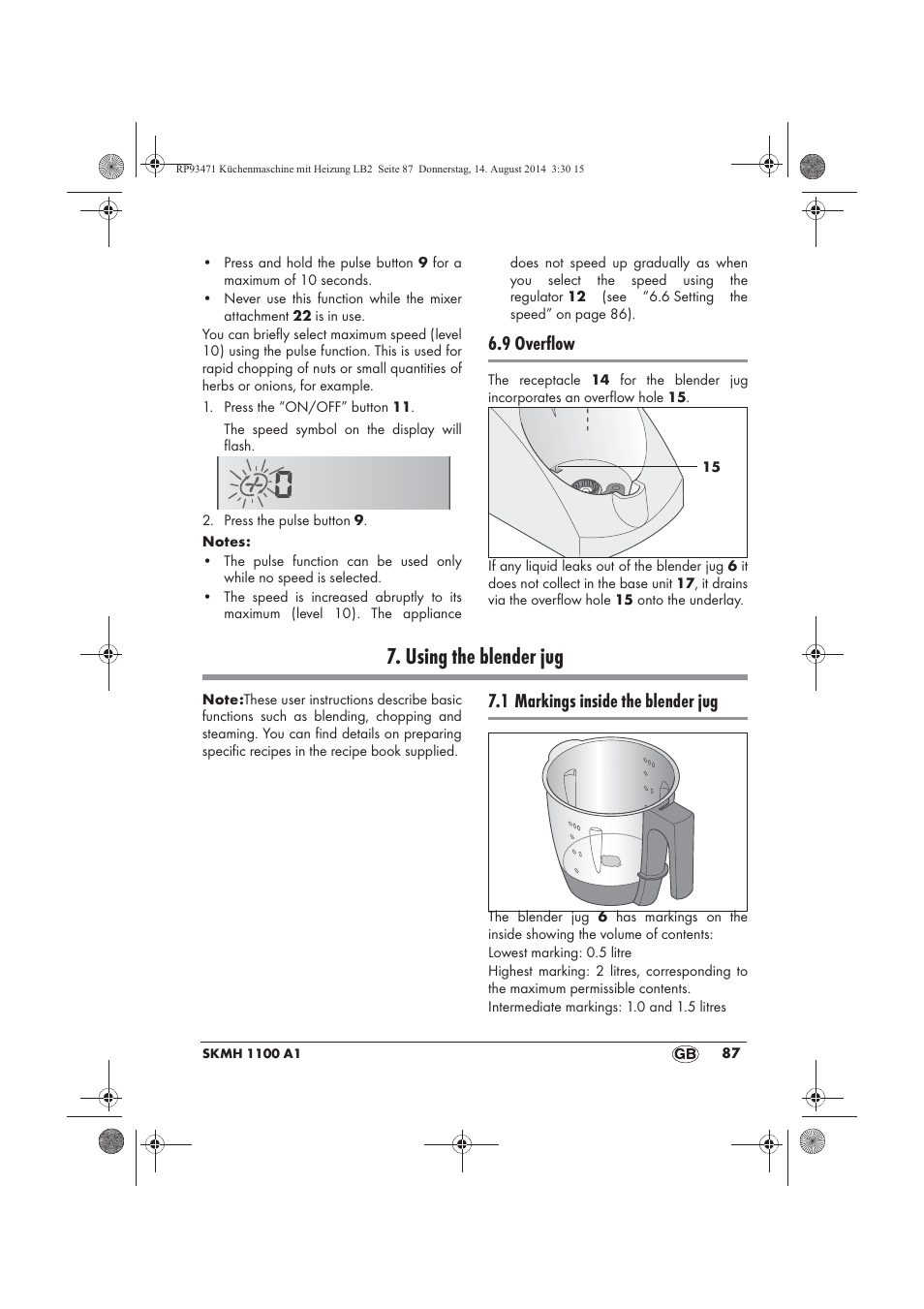 Using the blender jug, 9 overflow, 1 markings inside the blender jug | Silvercrest SKMH 1100 A1 User Manual | Page 89 / 106