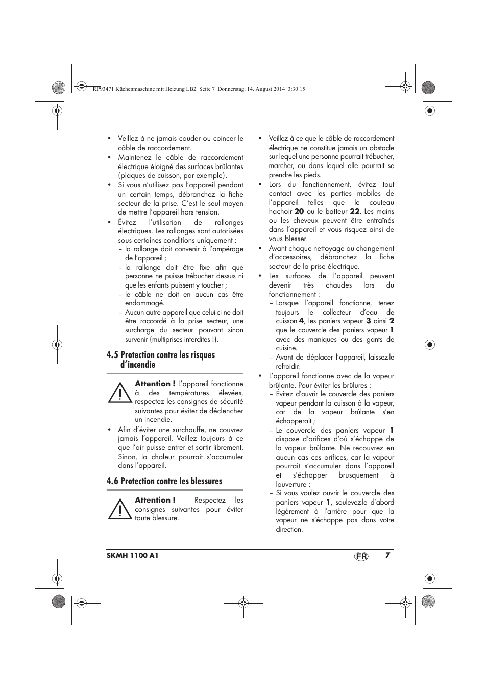 5 protection contre les risques d’incendie, 6 protection contre les blessures | Silvercrest SKMH 1100 A1 User Manual | Page 9 / 106