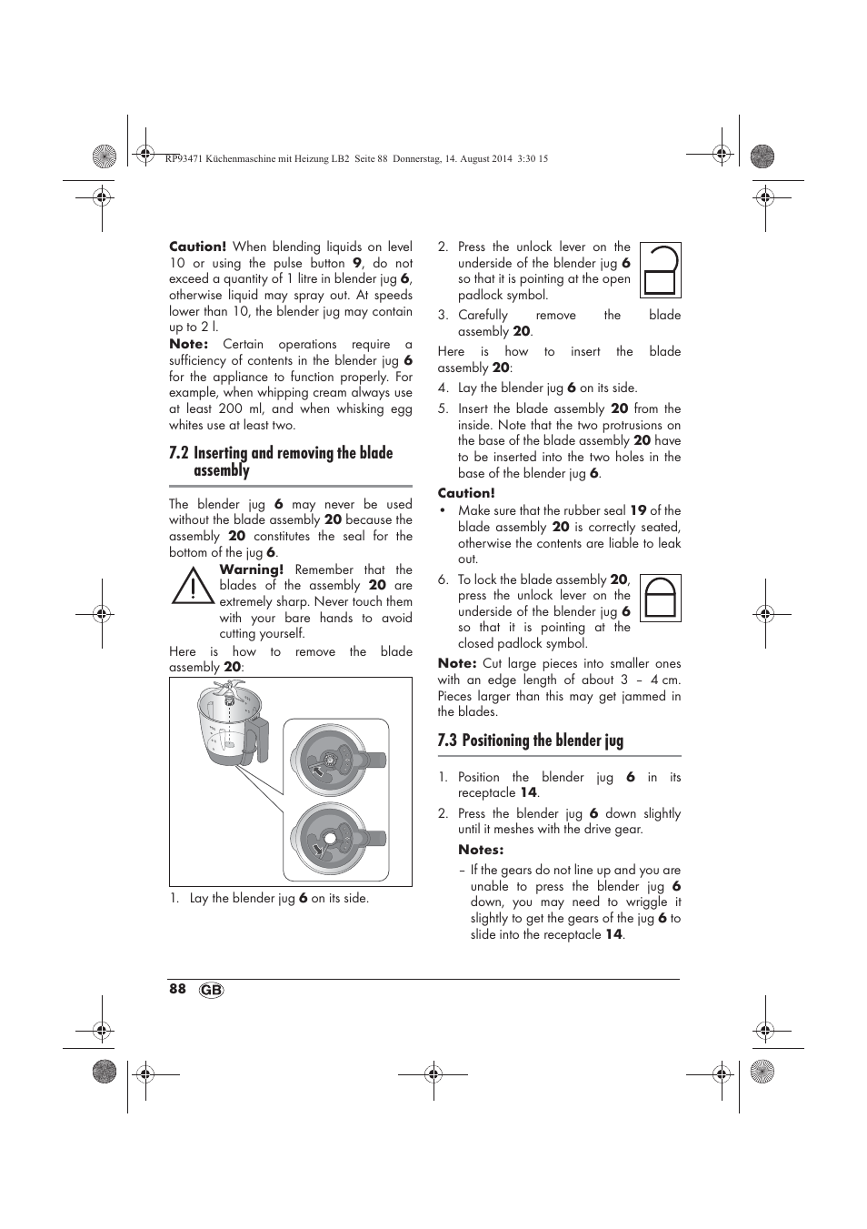 2 inserting and removing the blade assembly, 3 positioning the blender jug | Silvercrest SKMH 1100 A1 User Manual | Page 90 / 106