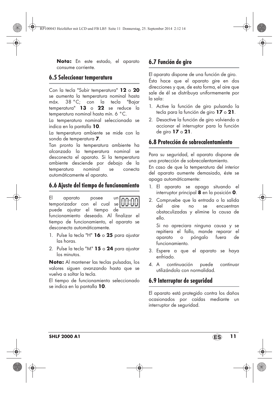 5 seleccionar temperatura, 6 ajuste del tiempo de funcionamiento, 7 función de giro | 8 protección de sobrecalentamiento, 9 interruptor de seguridad | Silvercrest SHLF 2000 B1 User Manual | Page 13 / 70