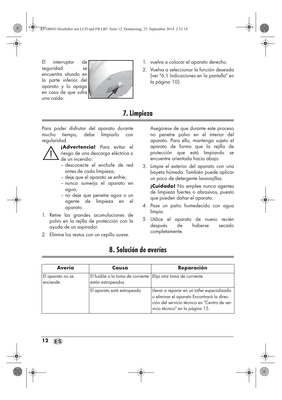 Limpieza, Solución de averías | Silvercrest SHLF 2000 B1 User Manual | Page 14 / 70