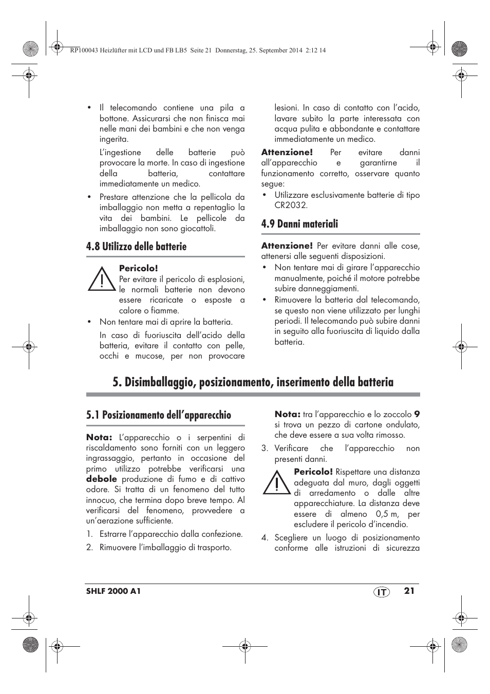 8 utilizzo delle batterie, 9 danni materiali, 1 posizionamento dell’apparecchio | Silvercrest SHLF 2000 B1 User Manual | Page 23 / 70