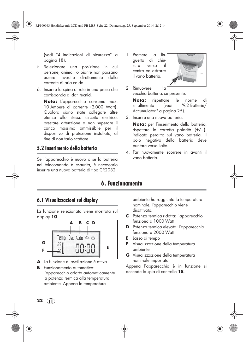 Funzionamento, 2 inserimento della batteria, 1 visualizzazioni sul display | Silvercrest SHLF 2000 B1 User Manual | Page 24 / 70