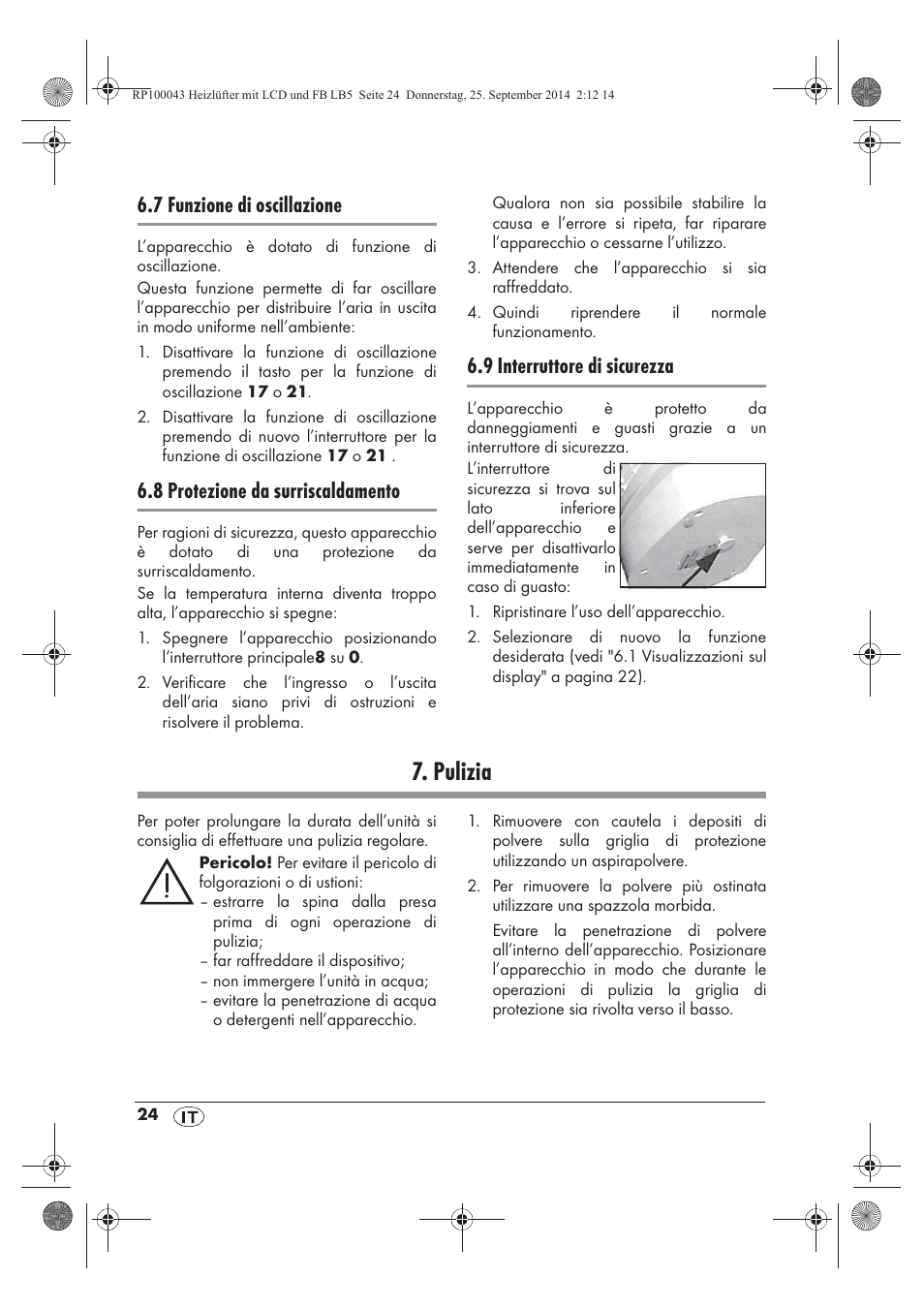 Pulizia, 7 funzione di oscillazione, 8 protezione da surriscaldamento | 9 interruttore di sicurezza | Silvercrest SHLF 2000 B1 User Manual | Page 26 / 70