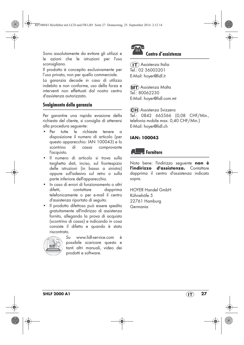 Svolgimento della garanzia, Centro d’assistenza, Fornitore | Silvercrest SHLF 2000 B1 User Manual | Page 29 / 70