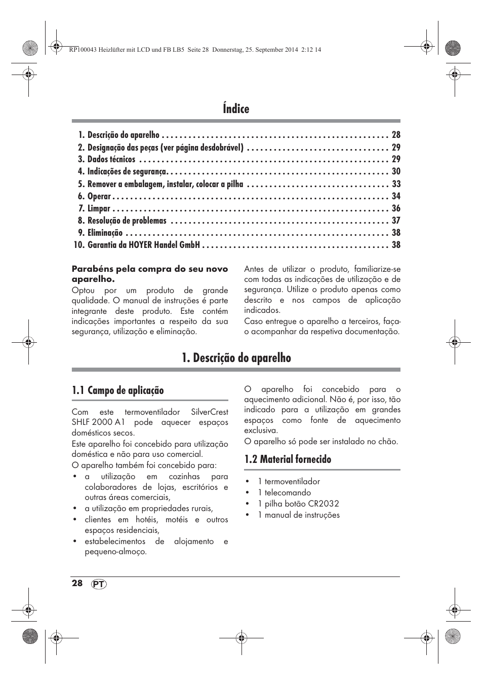 Índice, Descrição do aparelho, 1 campo de aplicação | 2 material fornecido | Silvercrest SHLF 2000 B1 User Manual | Page 30 / 70