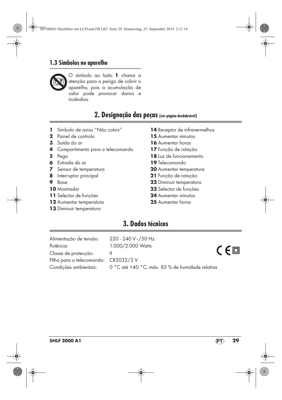 Designação das peças, Dados técnicos, 3 símbolos no aparelho | Silvercrest SHLF 2000 B1 User Manual | Page 31 / 70