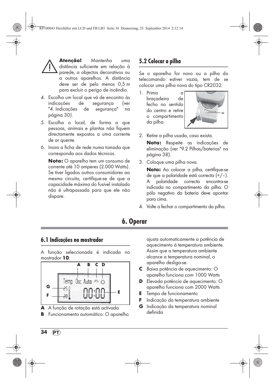 Operar, 2 colocar a pilha, 1 indicações no mostrador | Silvercrest SHLF 2000 B1 User Manual | Page 36 / 70