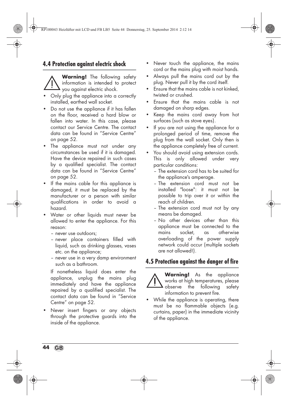 4 protection against electric shock, 5 protection against the danger of fire | Silvercrest SHLF 2000 B1 User Manual | Page 46 / 70