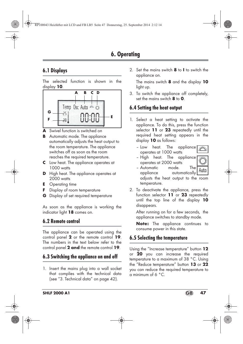 Operating, 1 displays, 2 remote control | 3 switching the appliance on and off, 4 setting the heat output, 5 selecting the temperature | Silvercrest SHLF 2000 B1 User Manual | Page 49 / 70