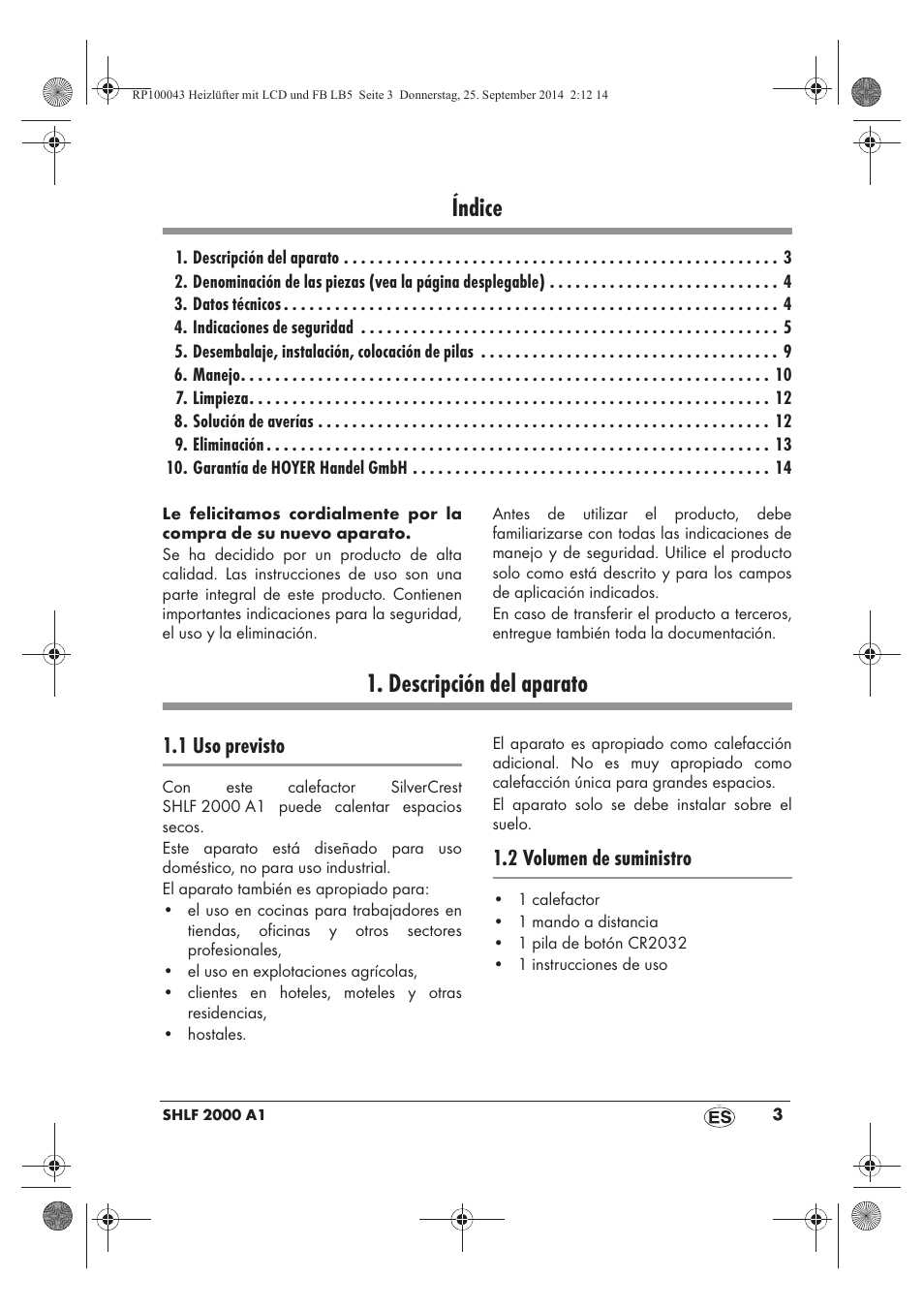 Índice, Descripción del aparato, 1 uso previsto | 2 volumen de suministro | Silvercrest SHLF 2000 B1 User Manual | Page 5 / 70