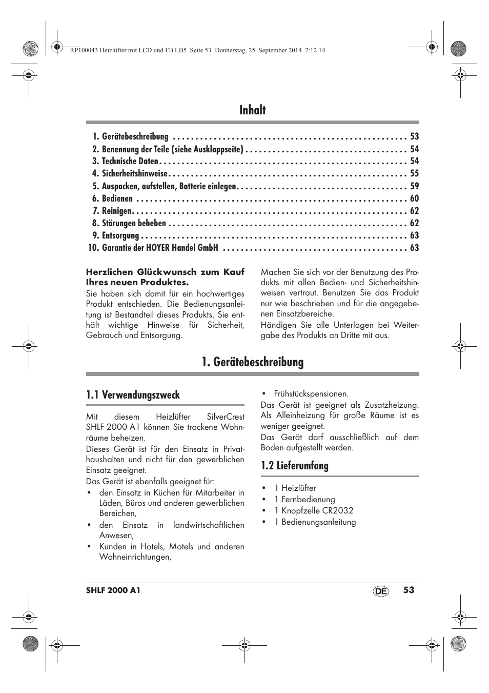 Inhalt, Gerätebeschreibung, 1 verwendungszweck | 2 lieferumfang | Silvercrest SHLF 2000 B1 User Manual | Page 55 / 70