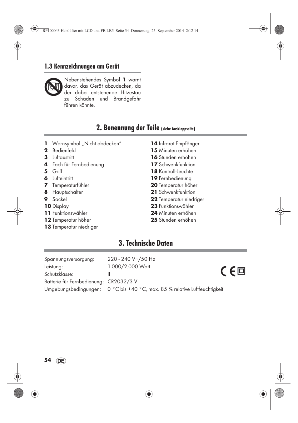 Benennung der teile, Technische daten, 3 kennzeichnungen am gerät | Silvercrest SHLF 2000 B1 User Manual | Page 56 / 70