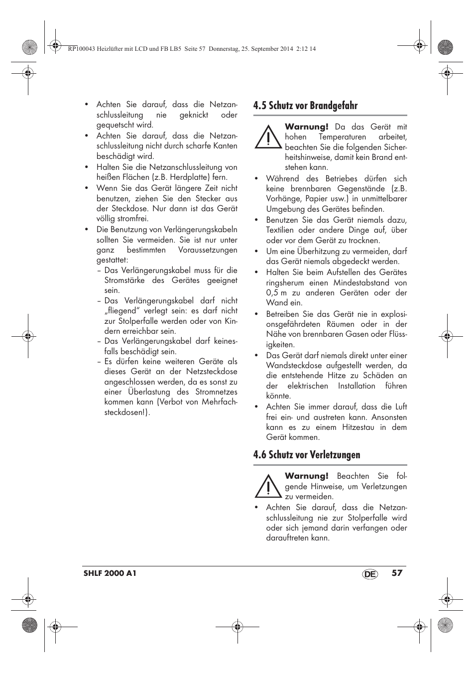 5 schutz vor brandgefahr, 6 schutz vor verletzungen | Silvercrest SHLF 2000 B1 User Manual | Page 59 / 70