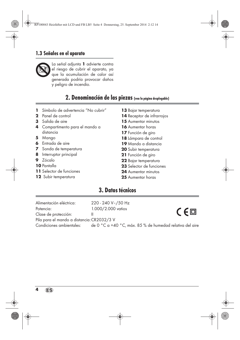 Denominación de las piezas, Datos técnicos, 3 señales en el aparato | Silvercrest SHLF 2000 B1 User Manual | Page 6 / 70