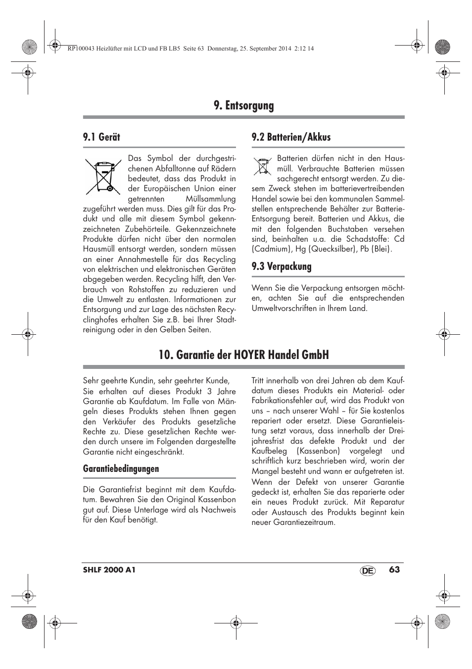 Entsorgung, Garantie der hoyer handel gmbh | Silvercrest SHLF 2000 B1 User Manual | Page 65 / 70