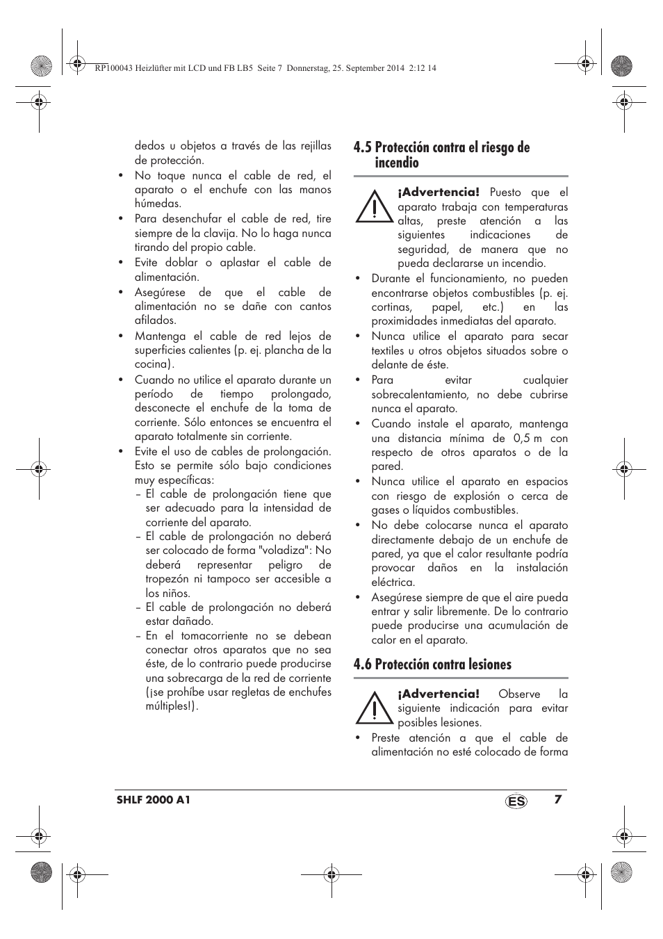 5 protección contra el riesgo de incendio, 6 protección contra lesiones | Silvercrest SHLF 2000 B1 User Manual | Page 9 / 70