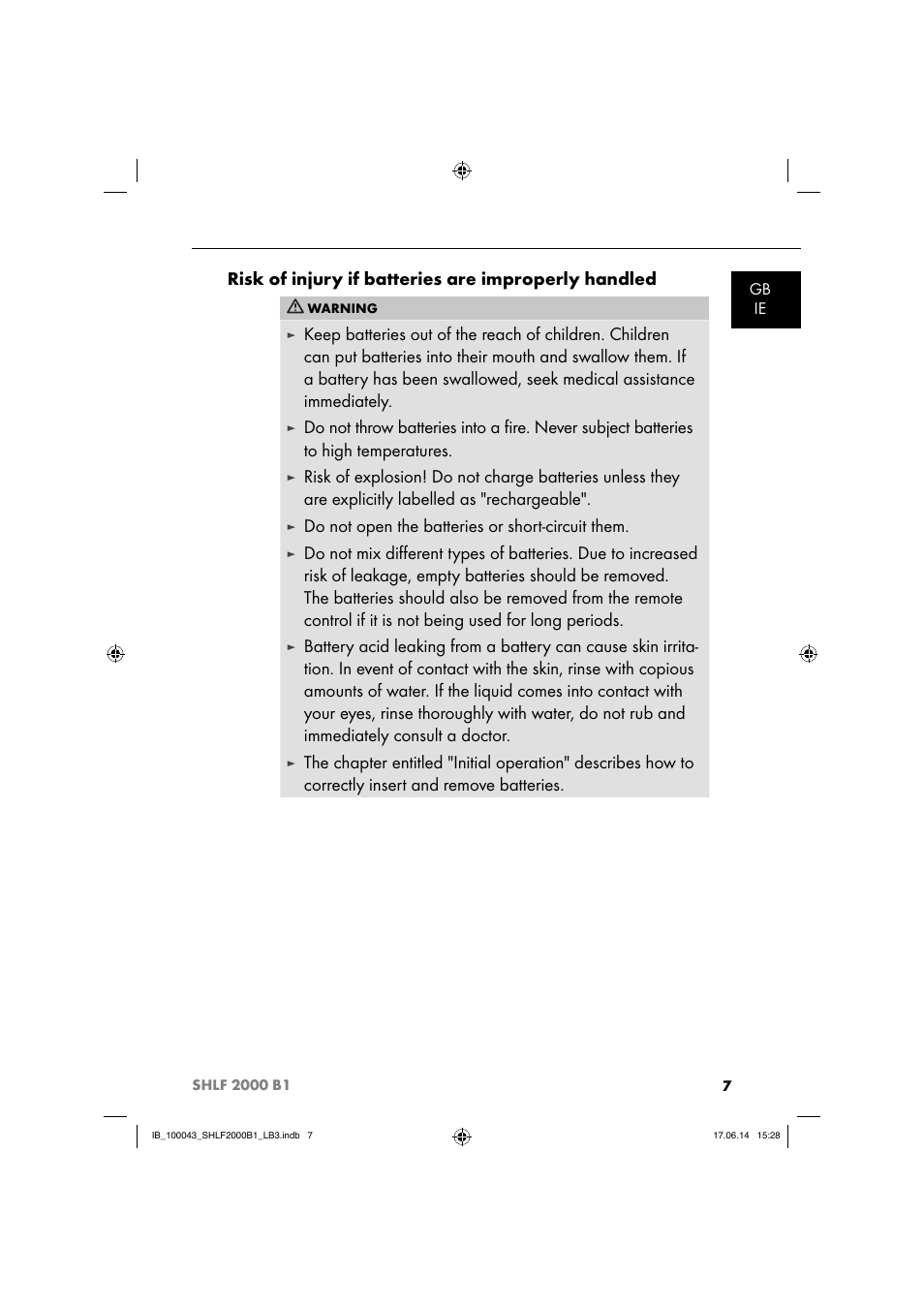 Risk of injury if batteries are improperly handled, Do not open the batteries or short-circuit them | Silvercrest SHLF 2000 B1 User Manual | Page 10 / 76