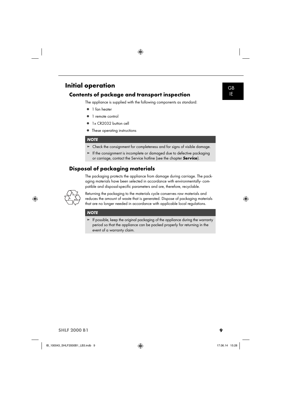 Initial operation, Contents of package and transport inspection, Disposal of packaging materials | Gb ie | Silvercrest SHLF 2000 B1 User Manual | Page 12 / 76