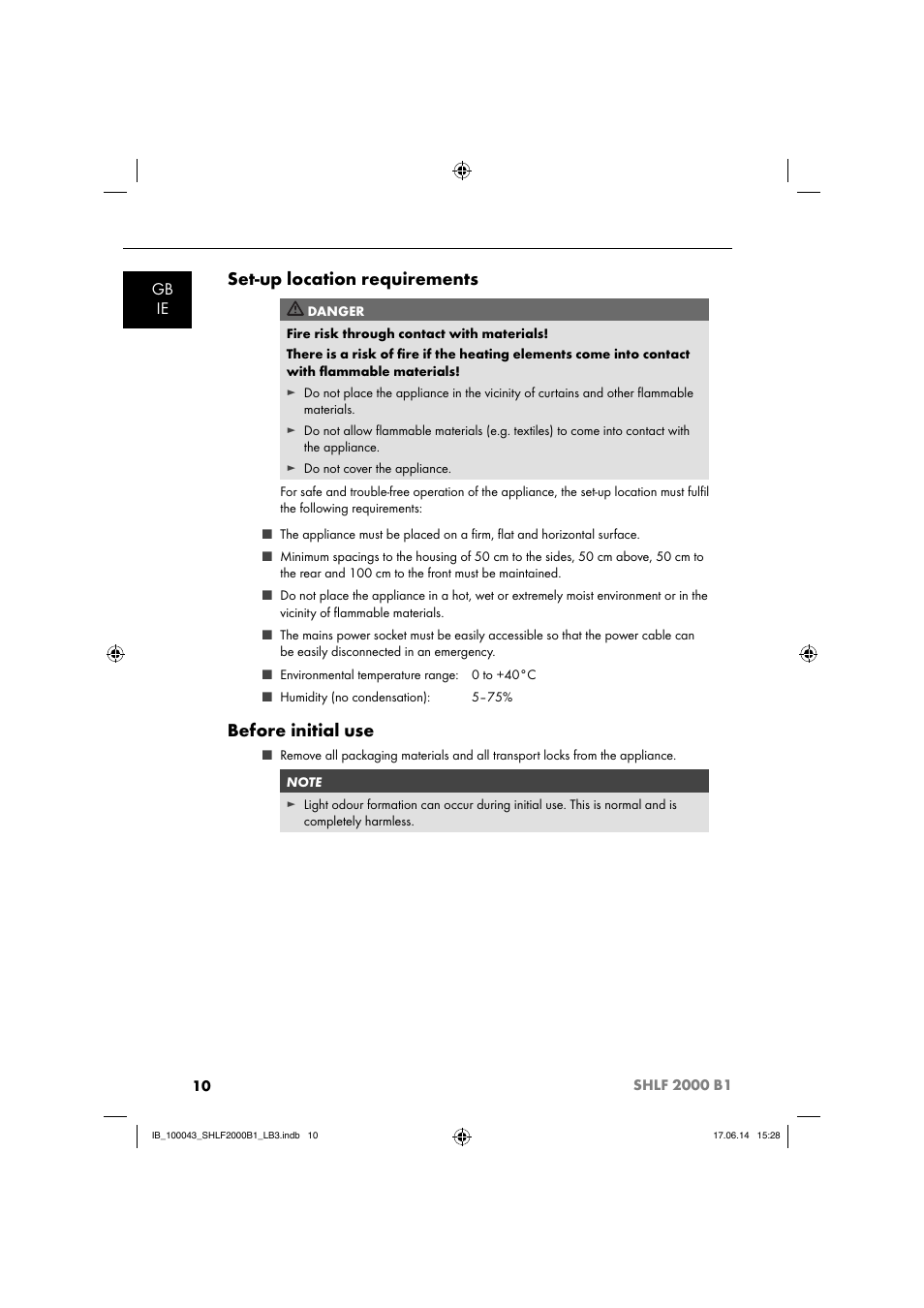 Set-up location requirements, Before initial use, Gb ie | Silvercrest SHLF 2000 B1 User Manual | Page 13 / 76
