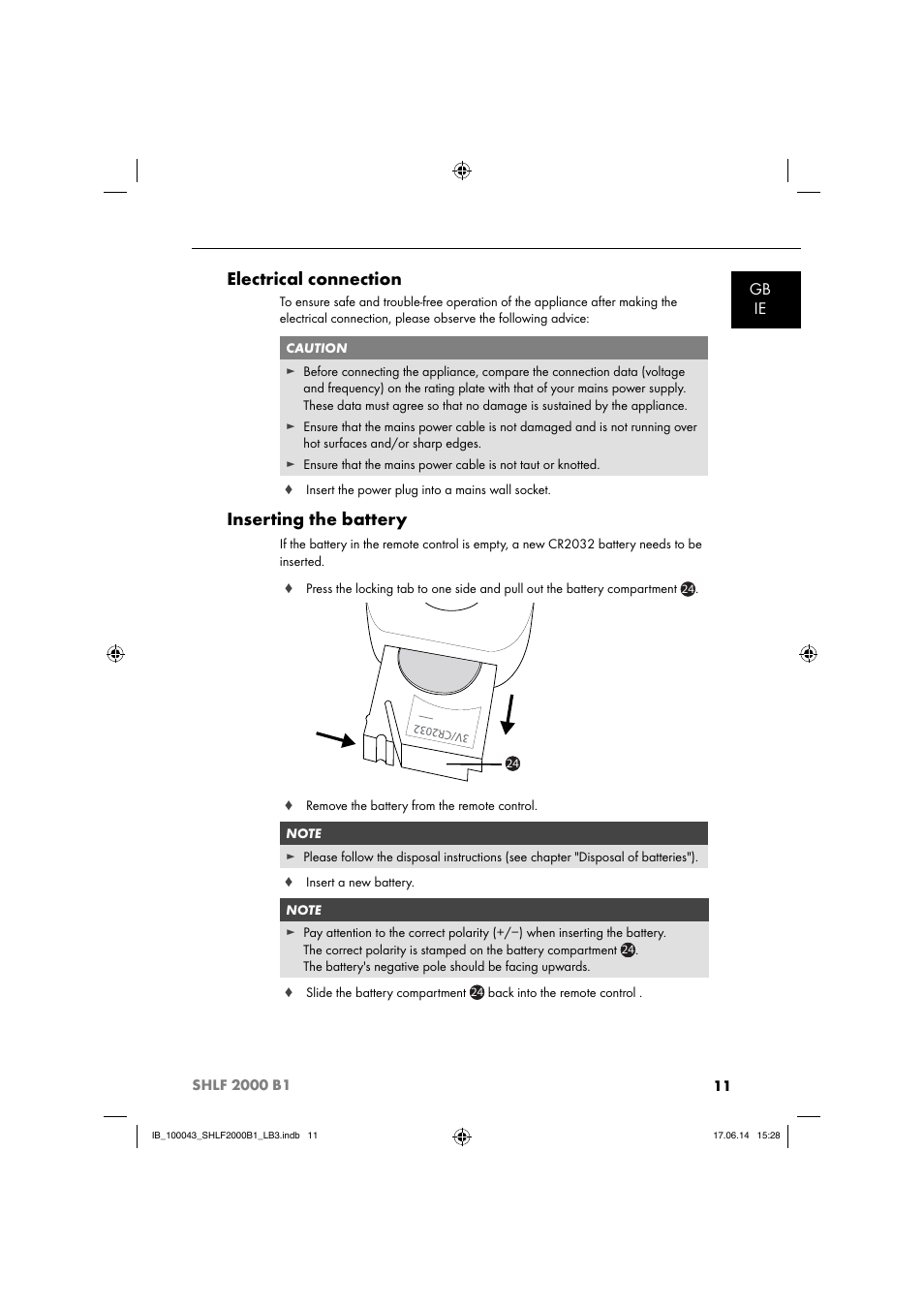 Electrical connection, Inserting the battery, Gb ie | Silvercrest SHLF 2000 B1 User Manual | Page 14 / 76