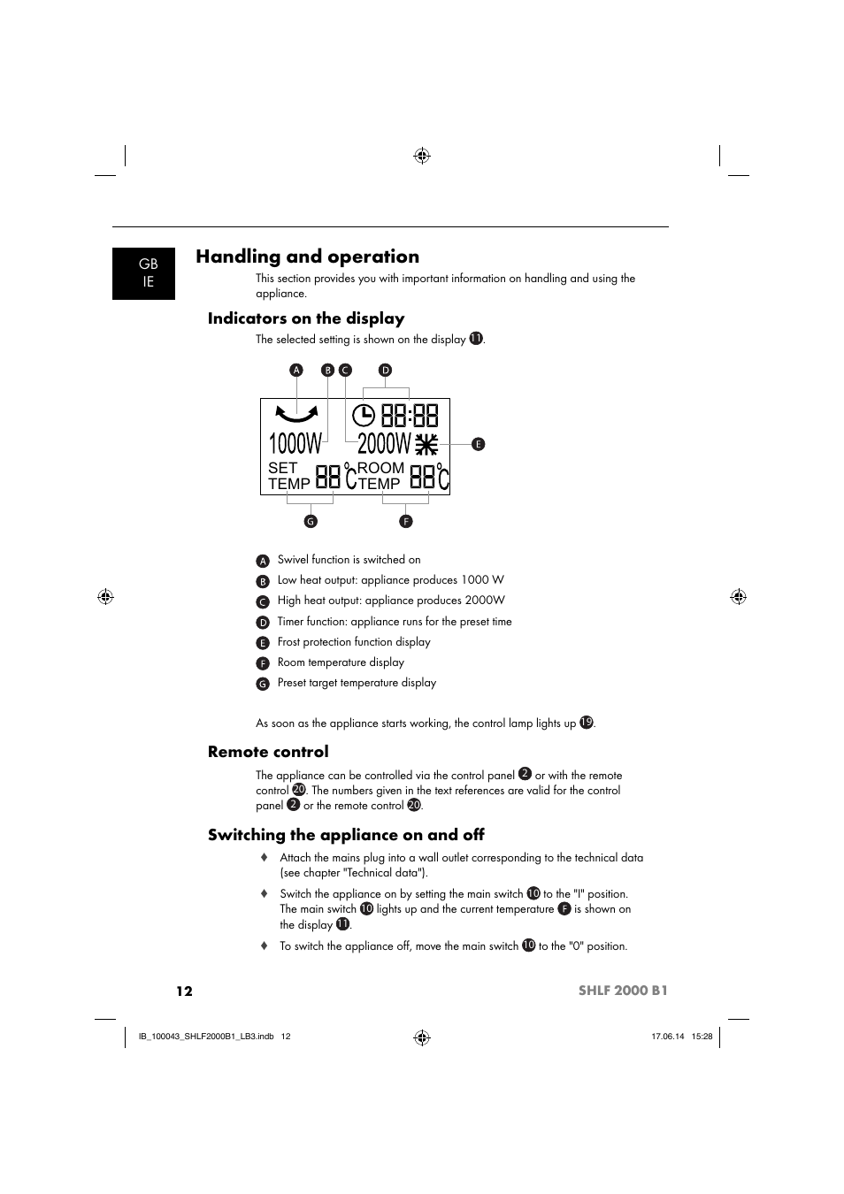 Handling and operation, Indicators on the display, Remote control | Switching the appliance on and oﬀ, Gb ie, Set temp temp room | Silvercrest SHLF 2000 B1 User Manual | Page 15 / 76