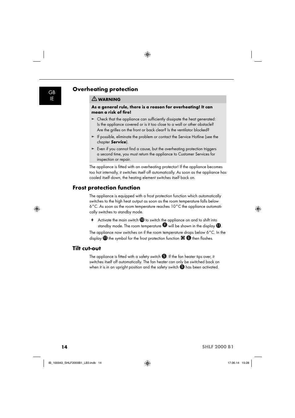 Overheating protection, Frost protection function, Tilt cut-out | Gb ie | Silvercrest SHLF 2000 B1 User Manual | Page 17 / 76