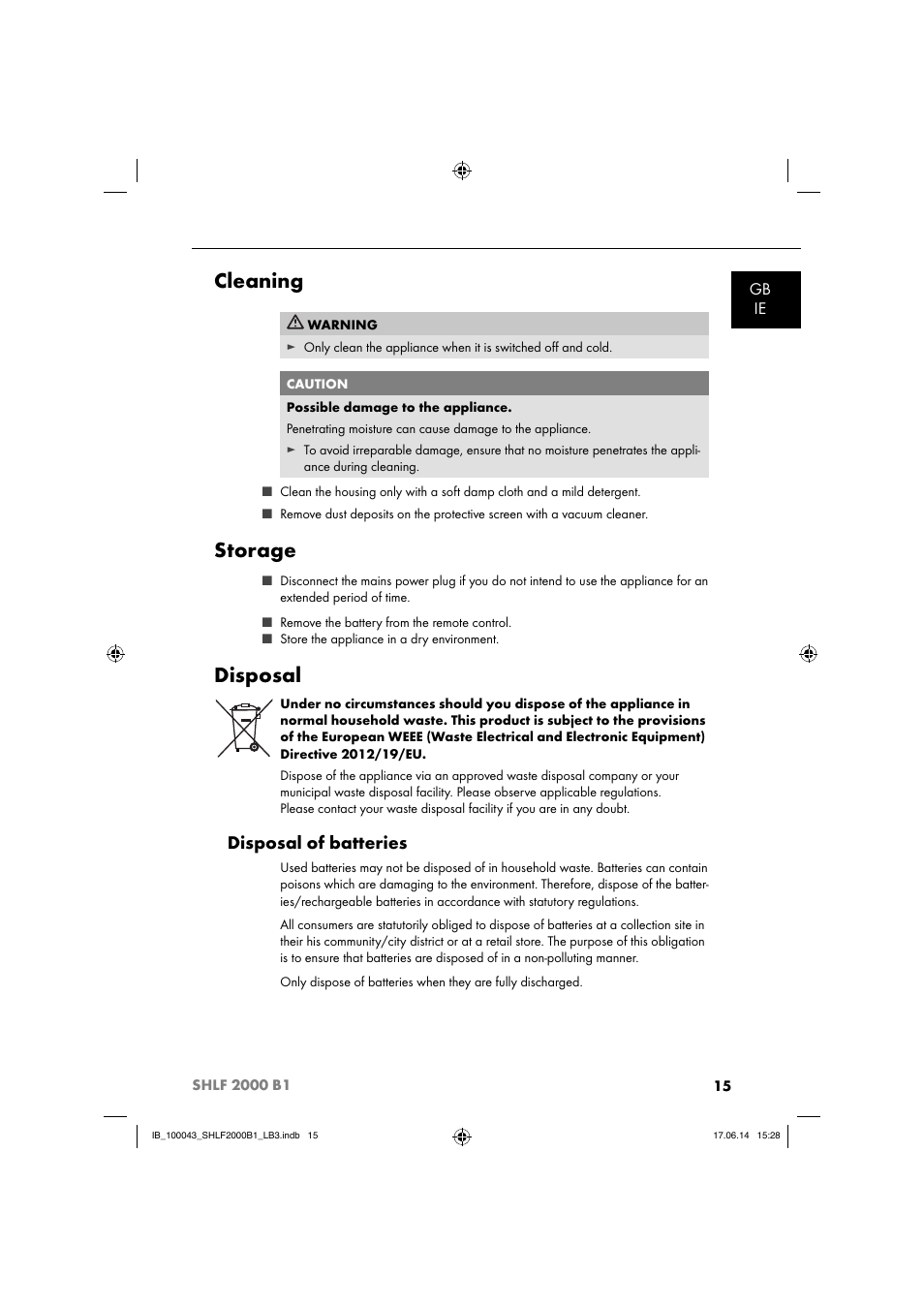 Cleaning, Storage, Disposal | Disposal of batteries | Silvercrest SHLF 2000 B1 User Manual | Page 18 / 76