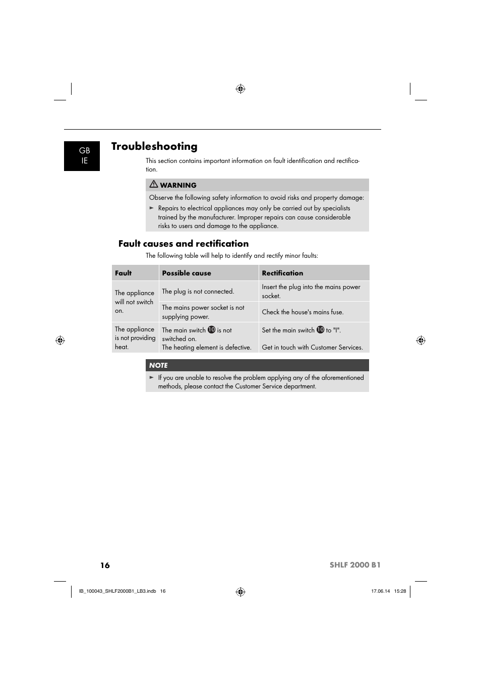 Troubleshooting, Fault causes and rectiﬁ cation, Gb ie | Silvercrest SHLF 2000 B1 User Manual | Page 19 / 76