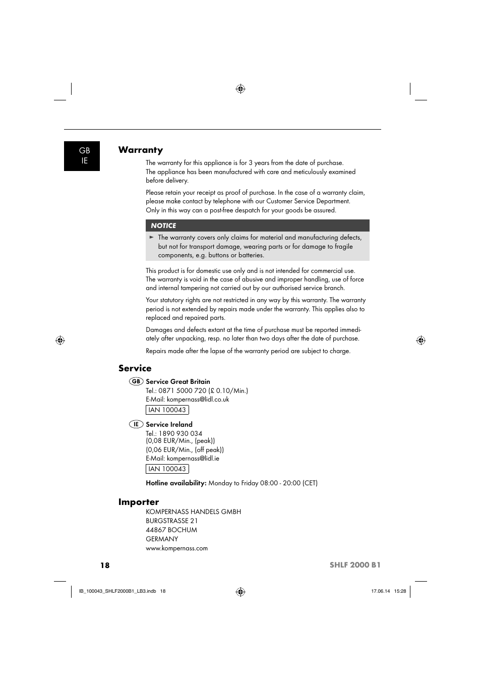 Warranty, Service, Importer | Gb ie | Silvercrest SHLF 2000 B1 User Manual | Page 21 / 76