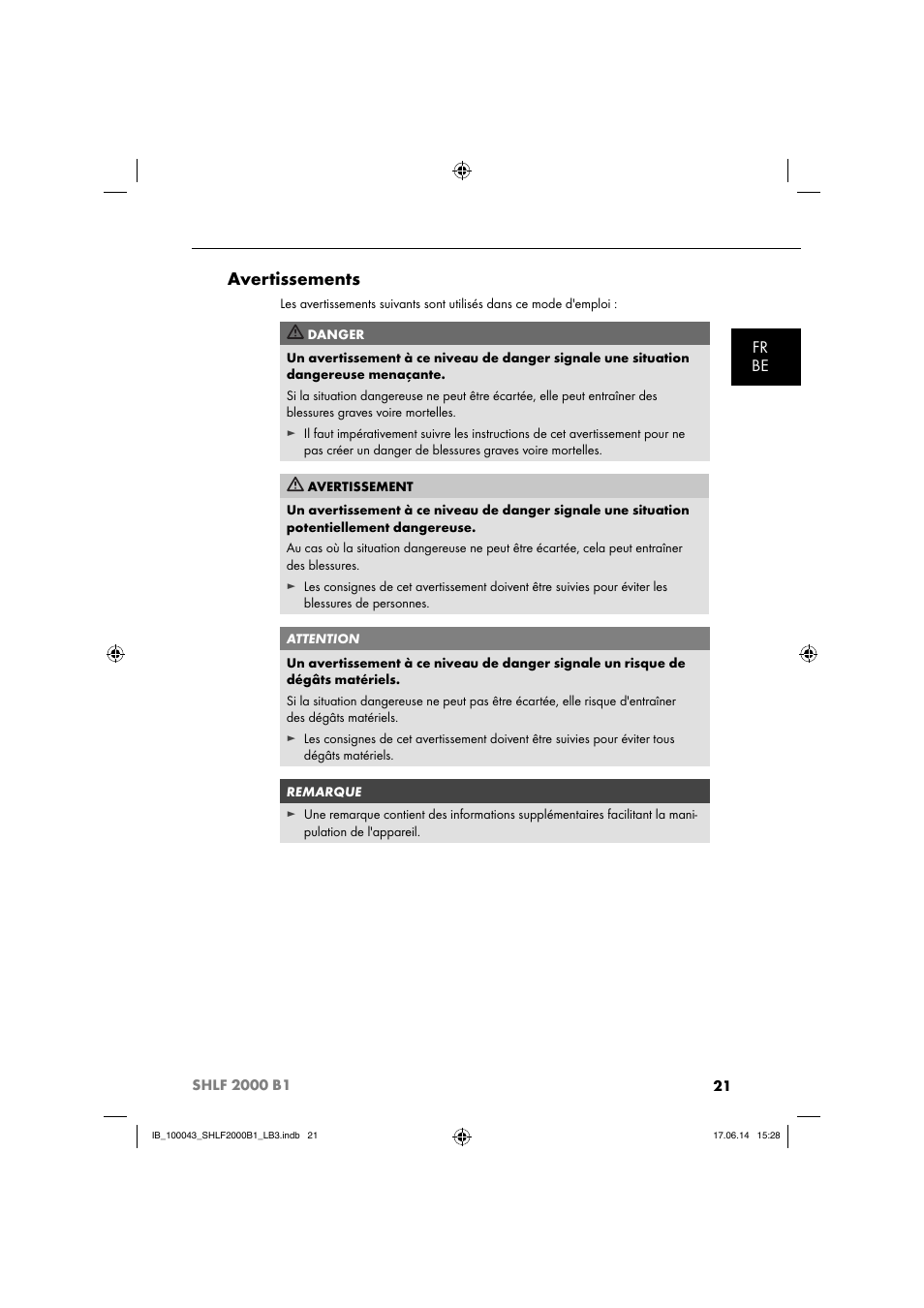 Avertissements, Fr be | Silvercrest SHLF 2000 B1 User Manual | Page 24 / 76